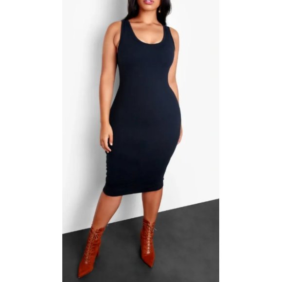 NWT Black Sleeveless Scoop Neck Fitted Bodycon Midi Tank Morgan Dress - Picture 1 of 2